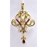 A 15ct GOLD, RUBY AND SEED PEARL PENDANT PIECE the pendant set with small calibre cut rubies, two