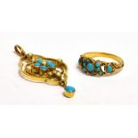 A TURQUOISE PENDANT AND RING The pendant in unmarked yellow metal and set with Turquoise stones