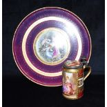 A VIENNA PORCELAIN LIDDED TANKARD the gilt metal hinged mount with coronet finial, painted