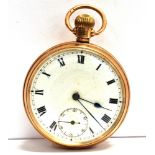 A 9CT GOLD CASED, OPEN FACE POCKET WATCH the unsigned dial with Roman numerals and sub dial, the