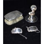 A COLLECTION OF SILVER COMPRISING A silver backed clothes brush of engine turned pattern with