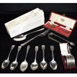 A COLLECTION OF SILVER AND SILVER PLATE Comprising of a Harrods boxed silver teaspoon hallmarked