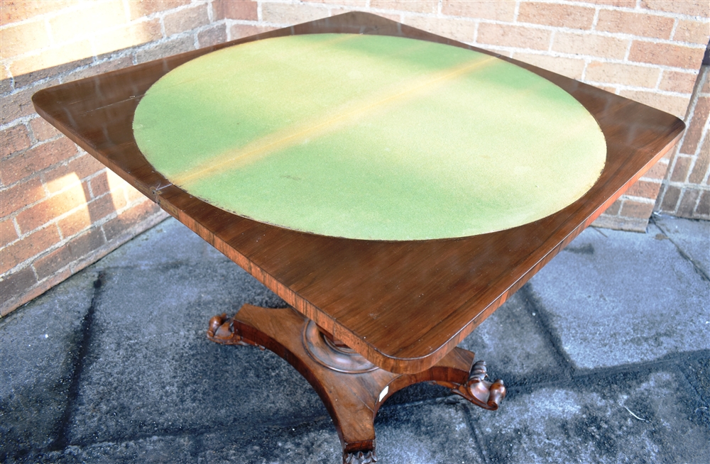 AN EARLY VICTORIAN ROSEWOOD CARD TABLE with carved decoration, on octagonal inverted baluster pillar - Image 2 of 2