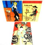 THREE LARGE DECORATIVE CERAMIC TILES of cafe / bar / fashion interest, each with a fixture verso for