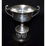 A SILVER TWIN HANDLED TROPHY The cup engraved R.S.E.A B.E.R.U Cup 'phone' Birmingham hallmark on a