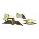 A PAIR OF SILVER AND GUILLOCHE ENAMEL CUFFLINKS AND A SILVER RAF SWEETHEART BROOCH the rectangular