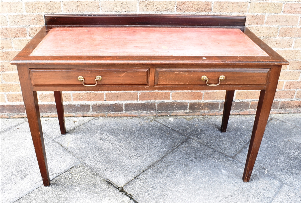 A MAPLE & CO MAHOGANY SIDE TABLE with gilt tooled red leather inset top, pair of frieze drawers (one