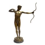 A LARGE CAST METAL FIGURE OF A NUDE ARCHER on circular marble base, 62cm high Condition Report :