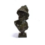 AFTER THE ANTIQUE: A BRONZE BUST OF AJAX OR MENELAUS on waisted socle with square base, 21cm high