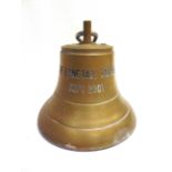 A BRASS BELL by David & Norman, engraved 'THE LONGTAIL TAVERN / SEPT. 2001', overall 28cm high (