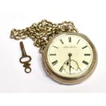 A SILVER OPEN FACED POCKET WATCH Key and watch chain, the white enamel dial signed JOHN BOXWELL