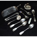 A COLLECTION OF SILVER Seven teaspoons to include Victorian, a marked 925 swan overlay small glass