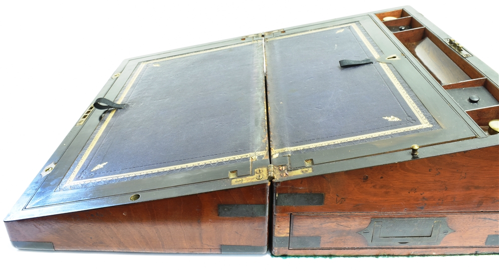 A VICTORIAN BRASS BOUND MAHOGANY WRITING SLOPE the interior with spring loaded 'secret' compartment, - Image 3 of 4