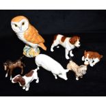 SIX ASSORTED BESWICK ANIMALS: 1046 Barn Owl, Wall Queen sow, terrier, foal, spaniel, dog with ball