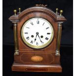 AN EDWARDIAN MAHOGANY CASED MANTLE CLOCK with inlaid decoration, the 8-day French movement