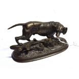 A BRONZE FIGURE OF A SPORTING DOG on naturalistic oval base signed 'E Delabriere', 18.5cm long