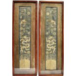 A PAIR OF FRAMED AND GLAZED CHINESE NEEDLEWORK PANELS 60cm x 20cm overall framed size Condition
