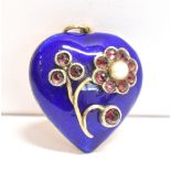 A BLUE ENAMELLED HEART PUFF PENDANT PIECE The puff pendant backed in unmarked yellow metal with
