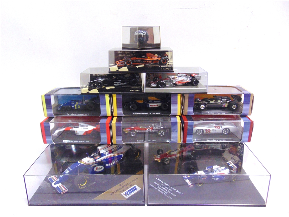 TEN 1/43 SCALE DIECAST MODEL FORMULA 1 RACING CARS by Minichamps (3), Atlas (6), and Onyx (1),