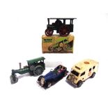 FOUR TRI-ANG MINIC TINPLATE MODEL VEHICLES post-war, including a Traction Engine and an Ambulance,