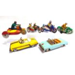 SIX ASSORTED TINPLATE MODEL CARS & MOTORCYCLES each with either a clockwork or friction-drive motor,