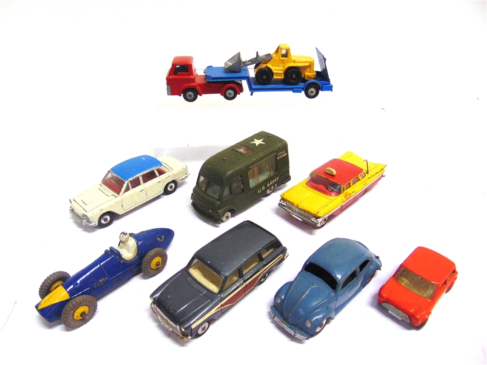 NINE DIECAST MODEL VEHICLES circa 1960s-70s, by Dinky (3), Corgi (5), and Matchbox (1), variable