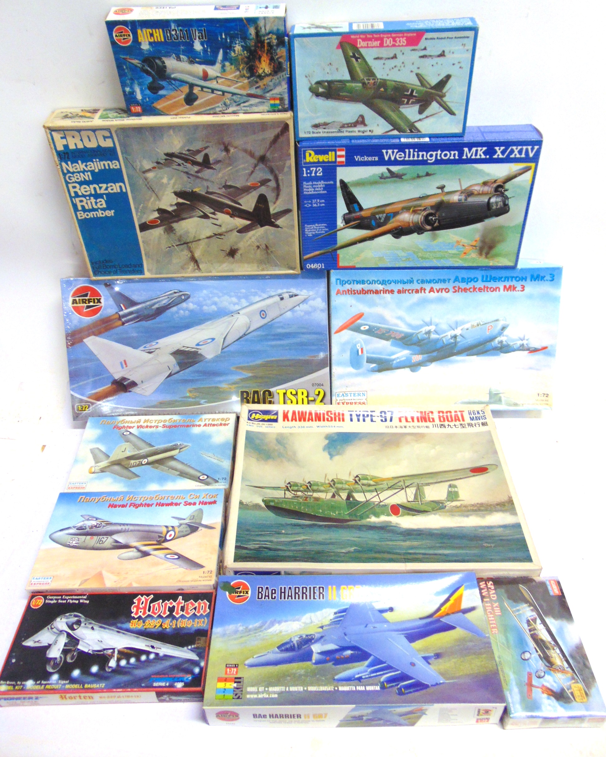 TWELVE ASSORTED 1/72 SCALE UNMADE PLASTIC AIRCRAFT KITS each boxed (two still factory shrink-