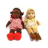 TWO CLOTH DOLLS comprising a Norah Wellings black girl doll, with a red gingham outfit, labelled