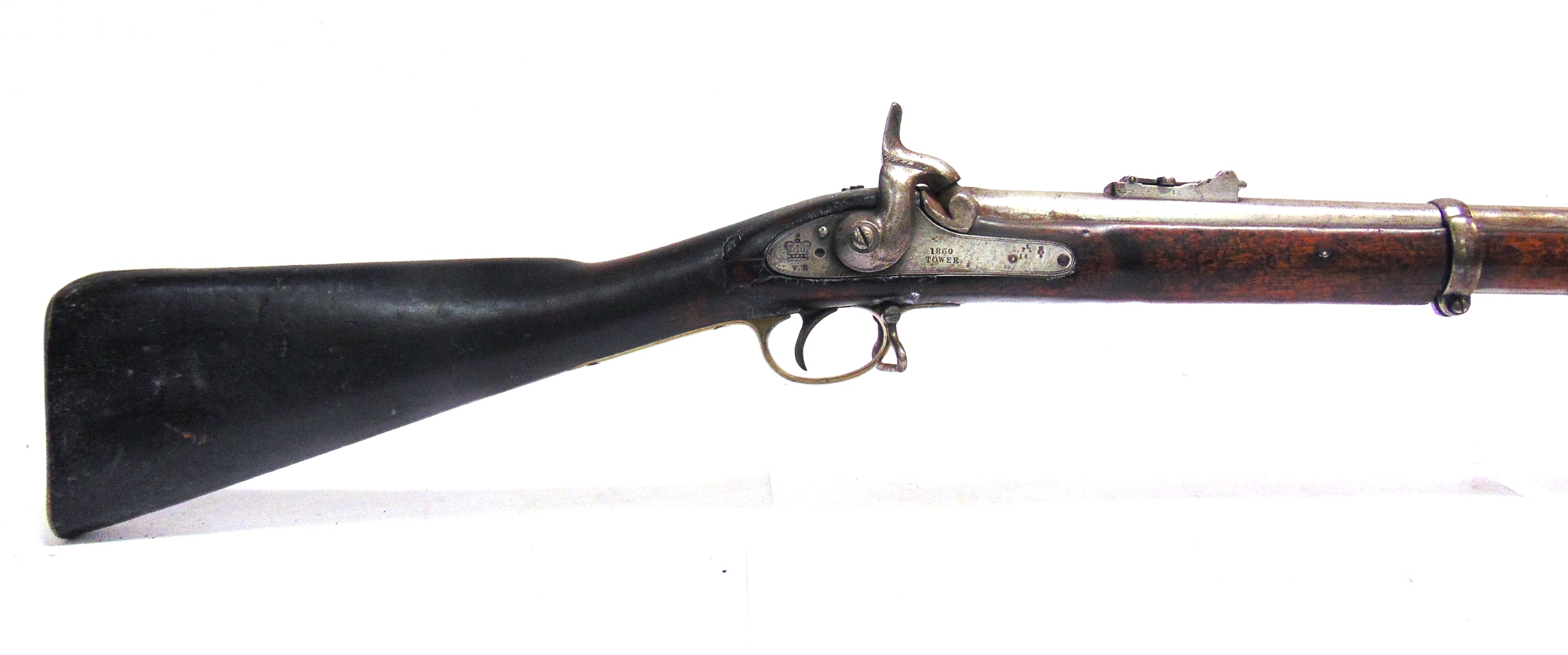 A 19TH CENTURY THREE-BAND PERCUSSION RIFLE the lockplate engraved '[crown] VR' and impressed '1860 /