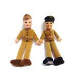 TWO NORAH WELLINGS CLOTH SOLDIER DOLLS with khaki uniforms, one with a matching forage cap and one