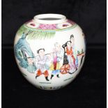 A CHINESE VASE OF OVOID FORM enamelled decoration depicting a scholar on horseback with attendant
