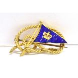 A STAMPED 15CT NAUTICAL ENAMEL FLAG, ROPE AND CROWN BROOCH the flag in blue guilloche enamel with