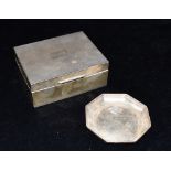 A SILVER CIGARETTE BOX AND SILVER PRESENTATION PIN TRAY the silver box of plain form with engine
