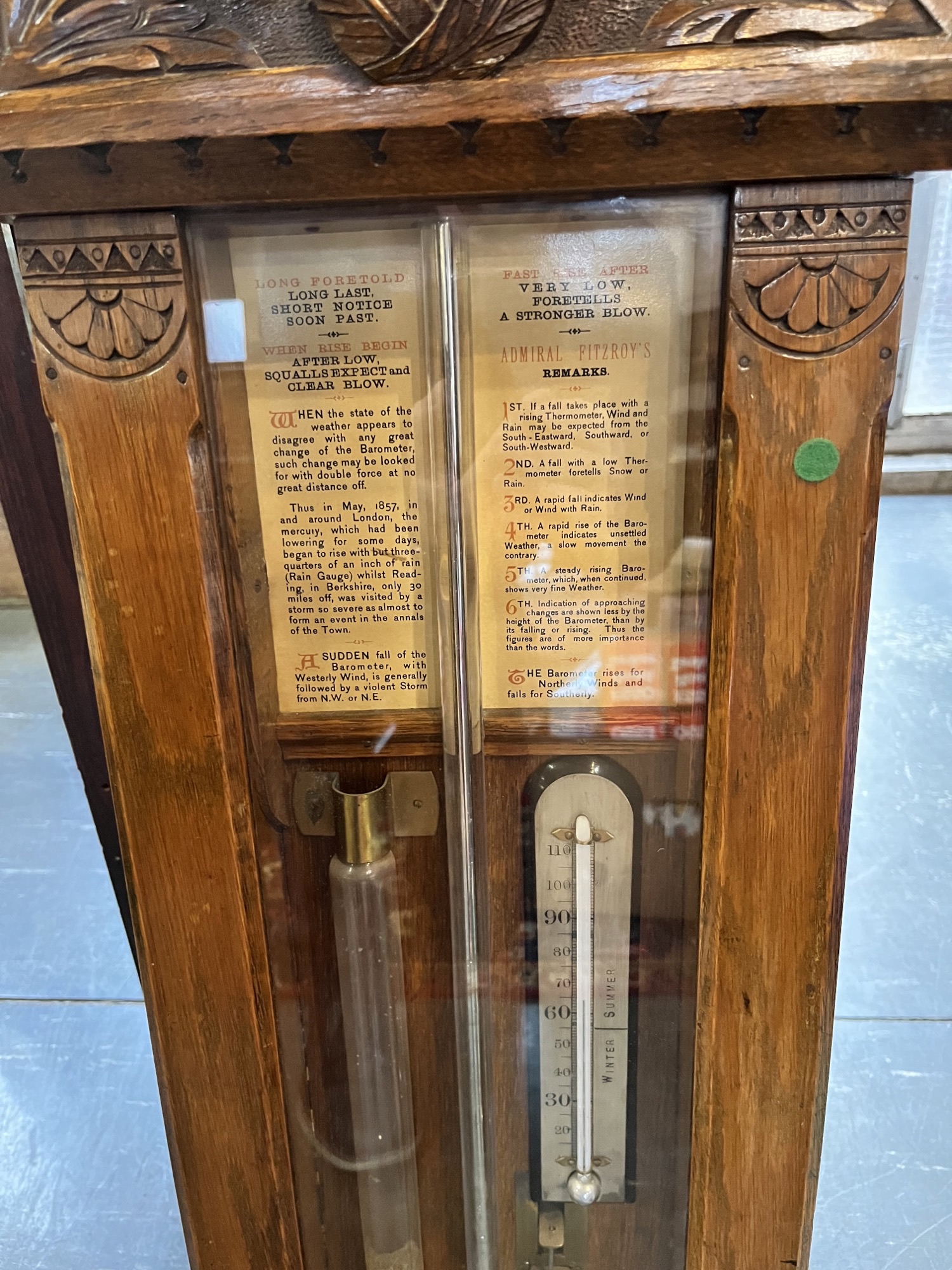 A LATE VICTORIAN OAK CASED ADMIRAL FITZROY BAROMETER the carved oak case enclosing a 10' - Image 2 of 3