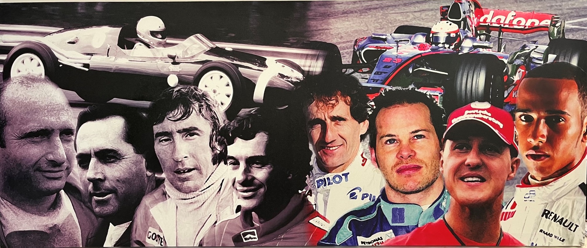 FORMULA 1 MOTOR-RACING - SEVEN ASSORTED PICTURES the largest a montage of world champions printed to