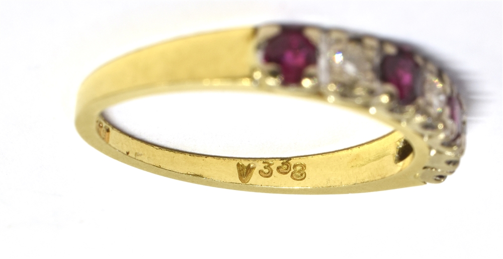 VINTAGE 18CT GOLD, DIAMOND AND RUBY HALF ETERNITY RING the ring set with three alternating - Image 3 of 3