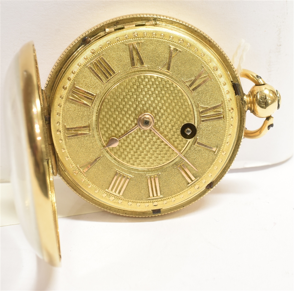 AN 18CT GOLD CASE OPEN FACED POCKET WATCH anonymous gilt dial and batons, engine turned case,