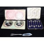 A COLLECTION OF SILVER comprising cased pair of small pierced silver dishes cased set of six