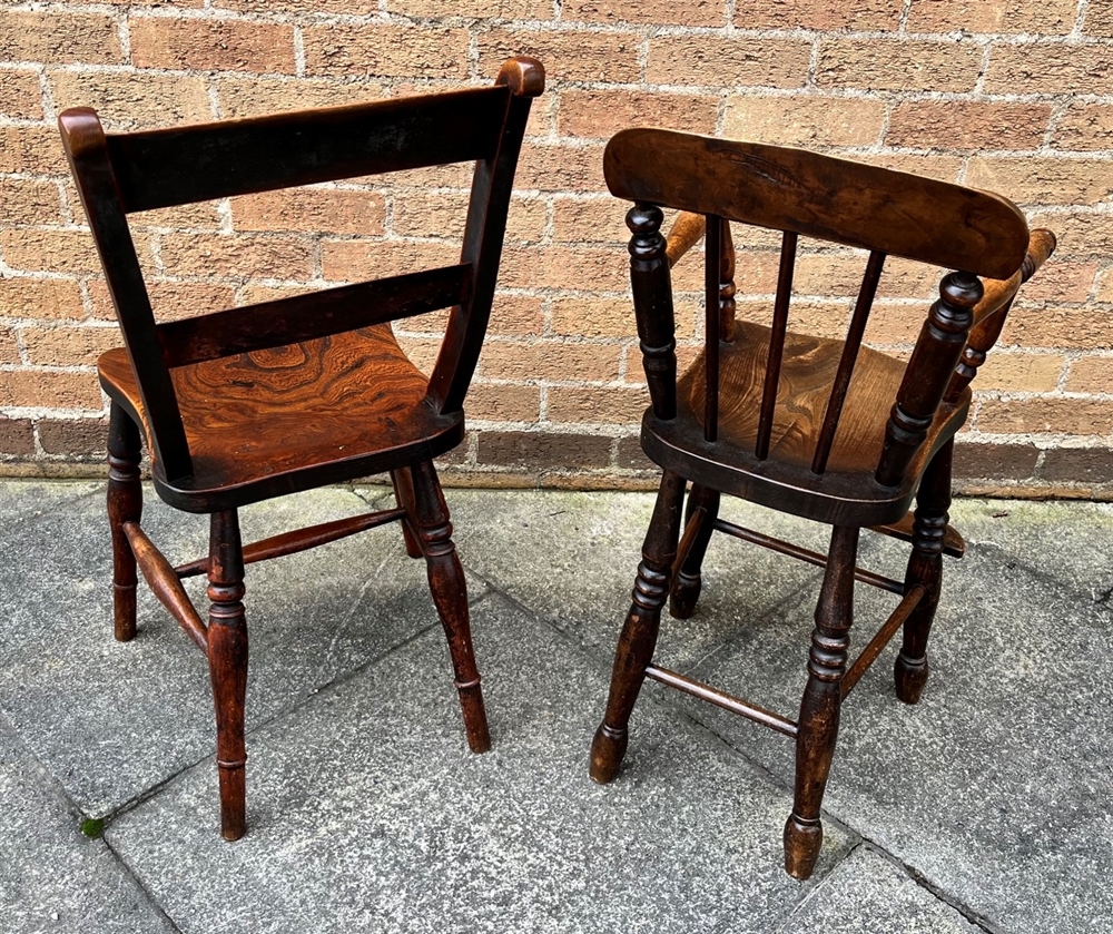 AN ELM AND BEECH CHILDS HIGH CHAIR and an elm seat Windsor dining chair on turned supports with H- - Image 2 of 2