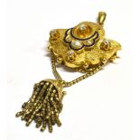AN OLD CUT DIAMOND, SEED PEARL AND ENAMEL TASSEL PENDANT/BROOCH Four small old cut diamonds and