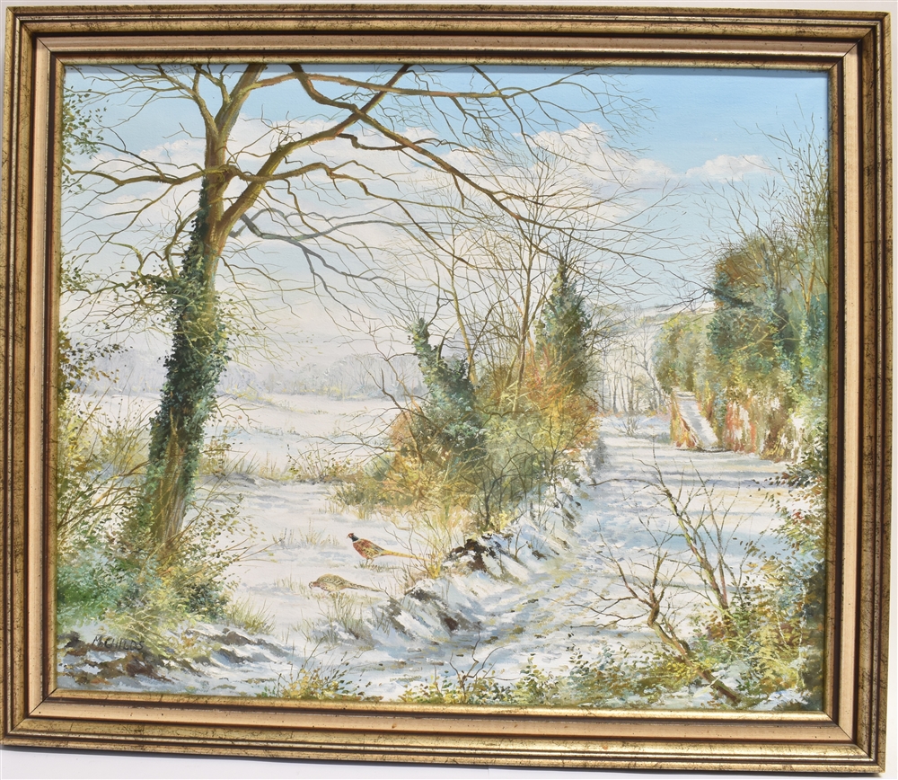 MONICA CHILDS (B.1950) Winter Landscape scene with pheasants Oil on canvas Signed lower left 50cm - Image 4 of 5
