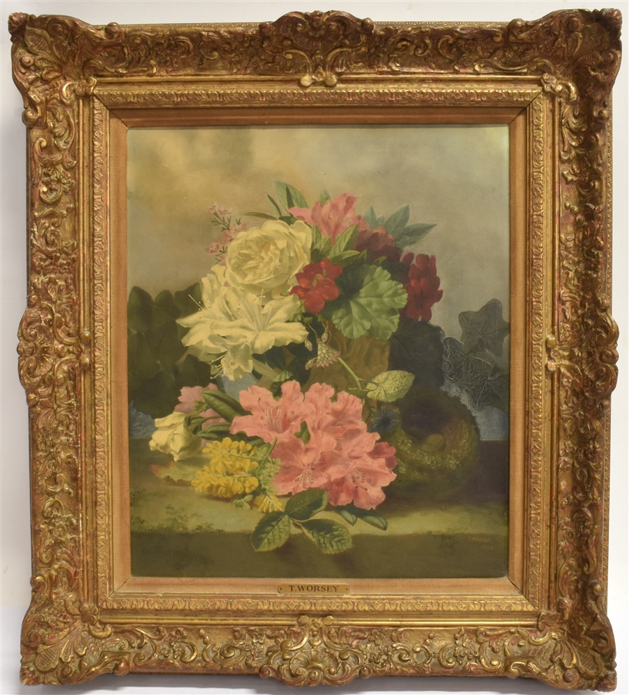 THOMAS WORSEY R.B.S.A. (1829-1875) Floral still life Oil on canvas Signed and dated 1856 lower right - Image 2 of 3