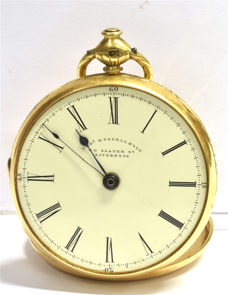 THO RUSSELL & SON 20 SLATER STREET, LIVERPOOL MARKED 18 YELLOW METAL CASE POCKET WATCH the signed