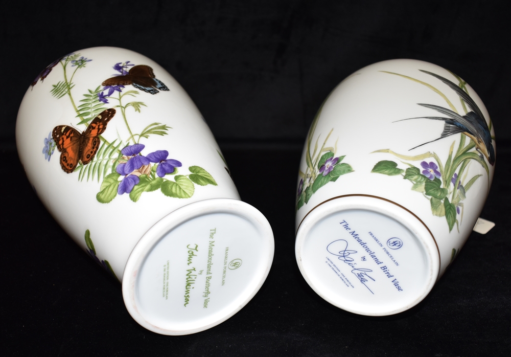 TWO SIMILAR LARGE FRANKLIN PORELAIN VASES 'Meadowland Bird Vase' and 'Meadowland Flower Vase', - Image 3 of 3