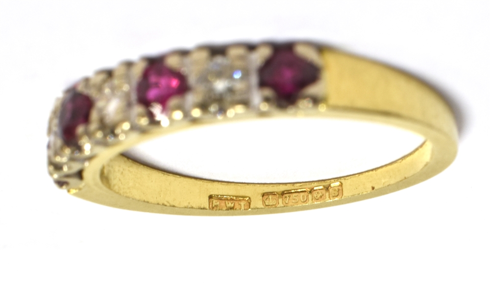VINTAGE 18CT GOLD, DIAMOND AND RUBY HALF ETERNITY RING the ring set with three alternating - Image 2 of 3
