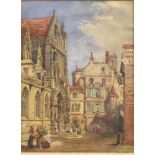 19TH CENTURY CONTINENTAL SCHOOL Street scene with figures before a church Watercolour 28cm x 21cm