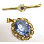 TWO ITEMS OF SEED PEARL JEWELLERY a sapphire and seed pearl yellow metal bar brooch with safety