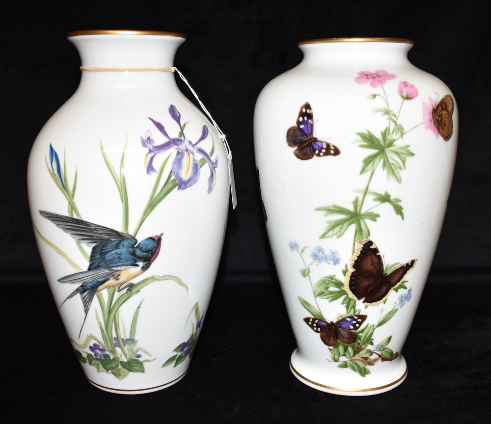 TWO SIMILAR LARGE FRANKLIN PORELAIN VASES 'Meadowland Bird Vase' and 'Meadowland Flower Vase',