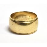A VINTAGE 9CT GOLD WIDE BAND RING width 9mm, faded 375 hallmark, either London or Sheffield 1976,