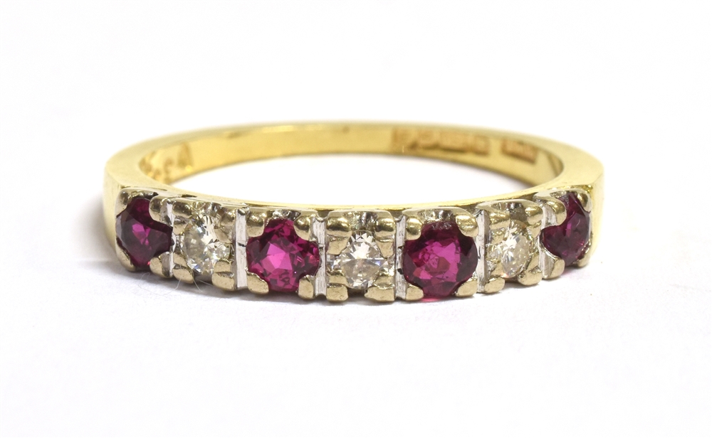 VINTAGE 18CT GOLD, DIAMOND AND RUBY HALF ETERNITY RING the ring set with three alternating